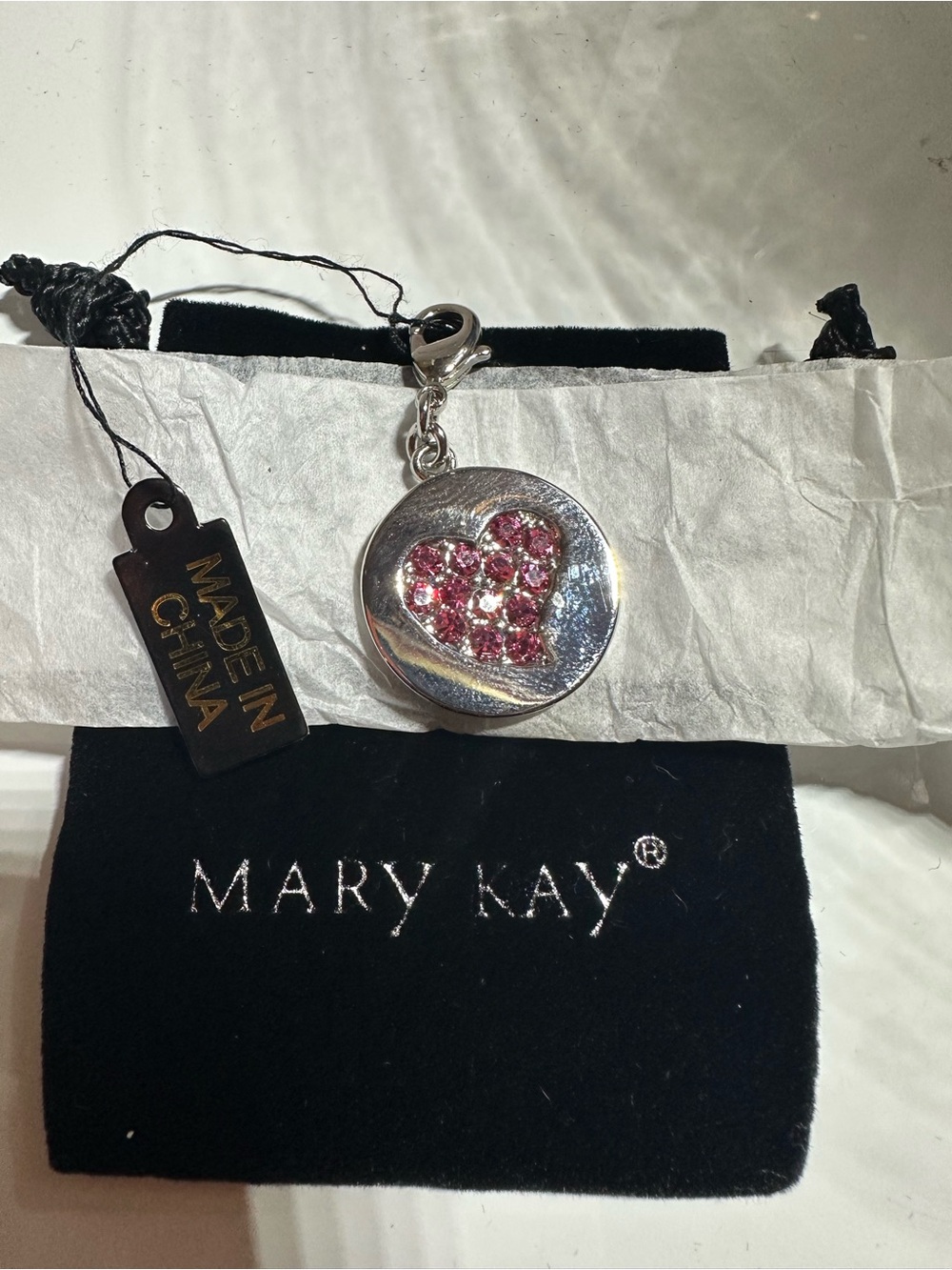 Mary Kay Silver-Tone Round Charm with Pink Crystal Heart